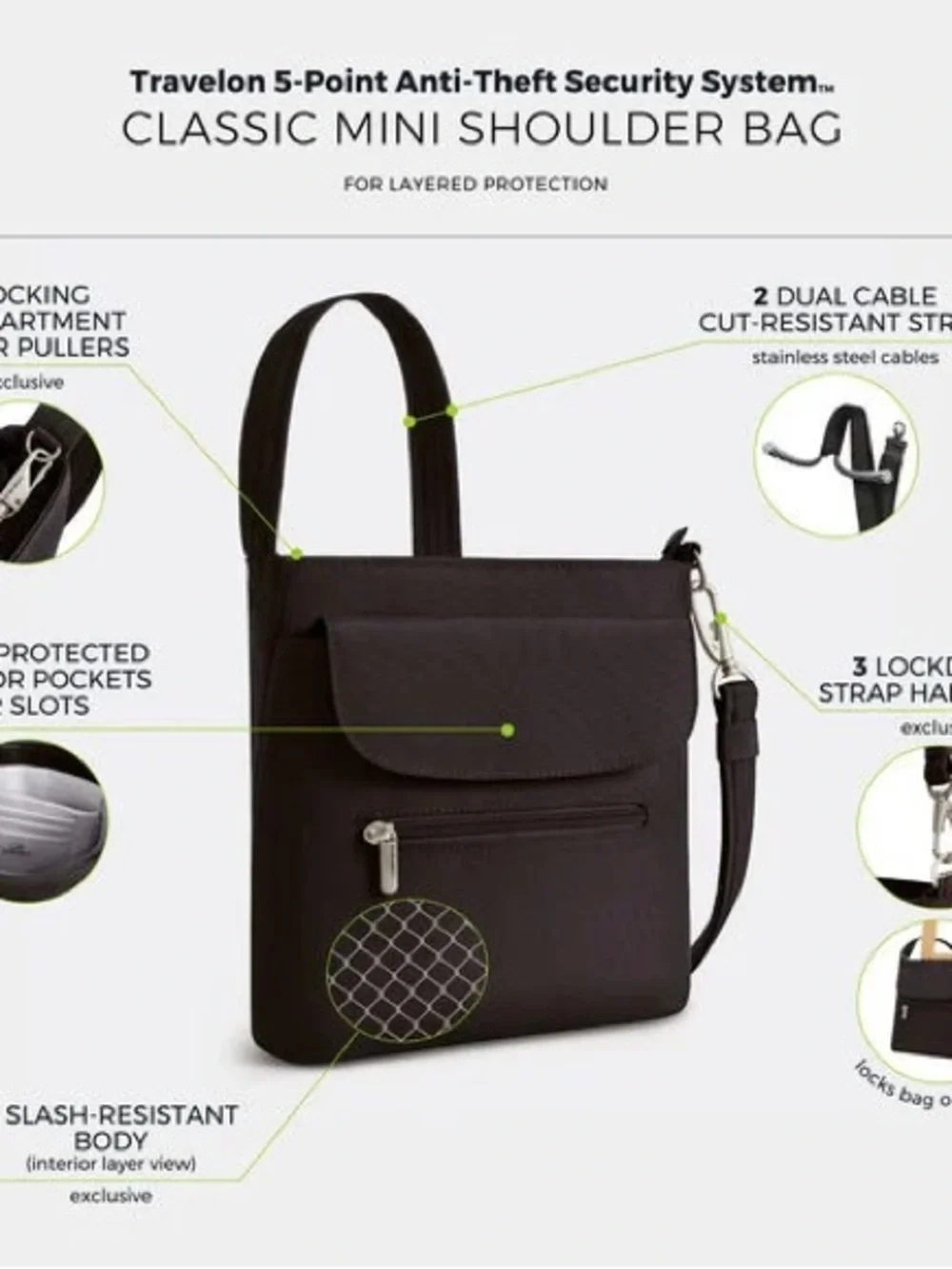 Travelon RFID Anti-Theft Classic Mini Shoulder Black Crossbody Bag